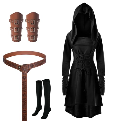 AJGEGJE Mittelalter Kleidung Kostüm Damen Set, Renaissance Kapuzenkleid Set mit Armschützern Gürtel Strümpfe, Halloween Gothic Kapuzenkleid (Schwarz, S) von AJGEGJE