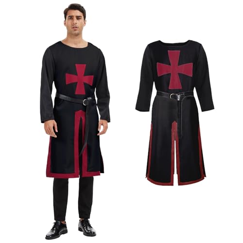 AJGEGJE Mittelalter Ritter Kostüm Herren, Kreuzritter Ritter Kostüm, Wikinger Tempelritter Outfits für Halloween Cosplay, Karneval, Party (Schwarz, 3XL) von AJGEGJE