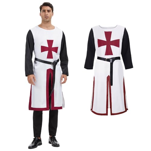 AJGEGJE Mittelalter Ritter Kostüm Herren, Kreuzritter Ritter Kostüm, Wikinger Tempelritter Outfits für Halloween Cosplay, Karneval, Party (Weiß, L) von AJGEGJE