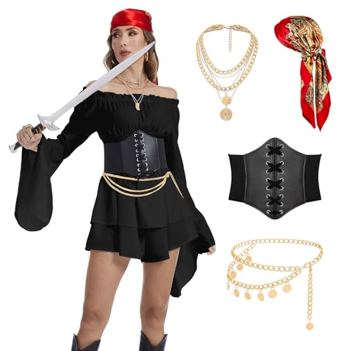 AJGEGJE Piratenkostüm Damen Set, Mittelalter Piraten Off Shoulder Kleid mit Korsett, Kopftuch, Piratenhalskette, Waist Chain für Karneval Partys und Maskeraden (Schwarz, L) von AJGEGJE