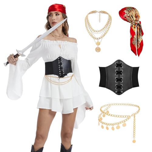 AJGEGJE Piratenkostüm Damen Set, Mittelalter Piraten Off Shoulder Kleid mit Korsett, Kopftuch, Piratenhalskette, Waist Chain für Karneval Partys und Maskeraden (Weiß, XL) von AJGEGJE