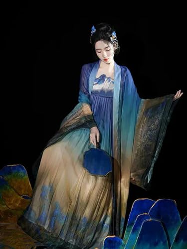 AJOHBM Hanfu Kleid für Damen, chinesische traditionelle Stickerei, Halloween, Fee, Cosplay, Kostüm, Farbverlauf, blau, bedruckt, 2-teiliges Set von AJOHBM
