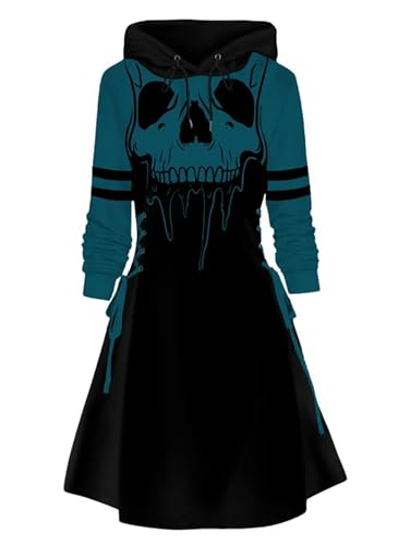 Halloween-Kleid mit Kapuze, Geister- und Kürbis-Druck, Kapuzenmantel, Schnürung, Colorblock-Damenbekleidung von AJOHBM