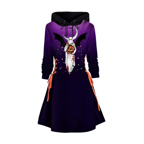 Halloween New Goth Kleid mit Kapuze Geist und Kürbis Print Hoodie Robe Lace Up Colorblock Damen Kleidung Lila von AJOHBM