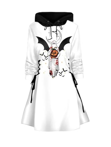 Halloween New Goth Kleid mit Kapuze Geist und Kürbis Print Hoodie Robe Lace Up Colorblock Damen Kleidung Weiß von AJOHBM