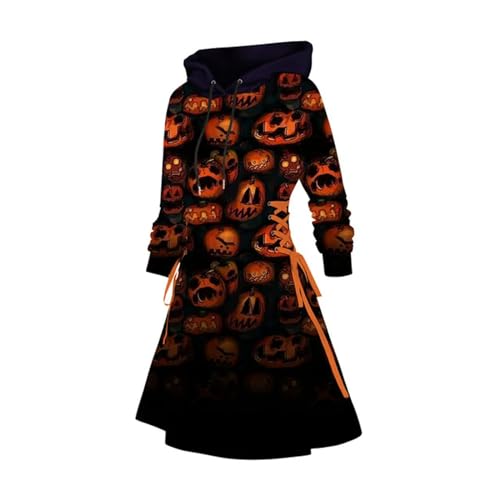 Halloween New Goth Kleid mit Kapuze Geist und Kürbis Print Hoodie Robe Lace Up Colorblock Damenbekleidung Orange von AJOHBM