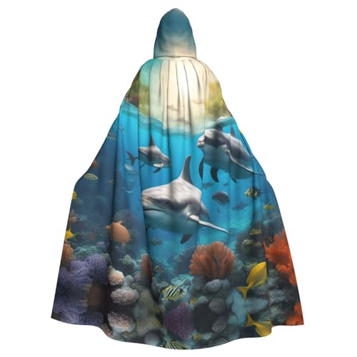 AKDODK Delfine, Meeresschildkröte, Hai, Oktopus, Korallendruck, Kapuzenmantel, Umhang, Halloween, Cosplay, Kostüme, für Erwachsene, Herren, Damen, dunkler Party-Umhang AKDODK Delfine, Meeresschildkröte, Hai, Oktopus, Korallendruck, Kapuzenmantel, Umhang, Halloween, Cosplay, Kostüme, für Erwachsene, Herren, Damen, dunkler Party-Umhang von AKDODK