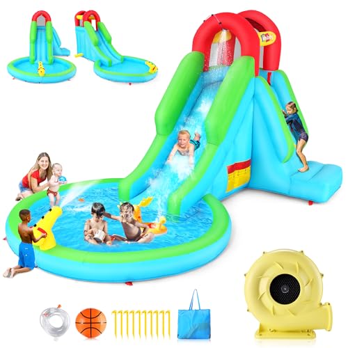 AKEYDIY Aufblasbare Wasserrutsche, Bounce House Wasserpark für Kinder 3–12, 396,2 x 254 x 215,9 cm, aufblasbar, Rennrutsche mit Pool, Sprinkler, Kletterwand, Wasserkanone (AquaSlide B601) von AKEYDIY