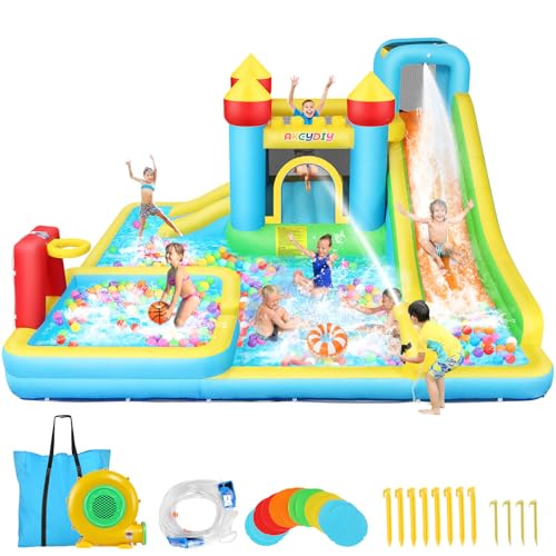 AKEYDIY Aufblasbare Wasserrutsche, Hüpfhaus für Kinder von 3–12 Jahren, Mega-Wassersprung-Hauspark mit 2 Rutschen, Planschbecken und tiefem Pool, Basketballkorb, Wasserkanone, 8-in-1 AKEYDIY Aufblasbare Wasserrutsche, Hüpfhaus für Kinder von 3–12 Jahren, Mega-Wassersprung-Hauspark mit 2 Rutschen, Planschbecken und tiefem Pool, Basketballkorb, Wasserkanone, 8-in-1 von AKEYDIY