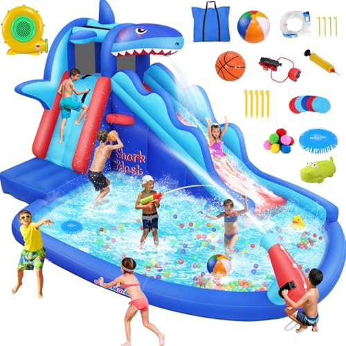 AKEYDIY Aufblasbare Wasserrutsche, Shark Bounce House mit Rutsche, 15.6FT x11.1FT Spielplatz-Wasserpark für Kinder, mit Klettern, Basketball-Rand, Splash Pool, Wasserkanone für Nass und Trocken (Blau AKEYDIY Aufblasbare Wasserrutsche, Shark Bounce House mit Rutsche, 15.6FT x11.1FT Spielplatz-Wasserpark für Kinder, mit Klettern, Basketball-Rand, Splash Pool, Wasserkanone für Nass und Trocken (Blau von AKEYDIY