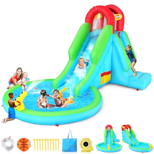 AKEYDIY Aufblasbare Wasserrutsche für Kinder von 3 bis 10 Jahren mit Luftgebläse, langlebige genähte und extra dicke Hüpfburg, Familiensprunghaus mit Kugelloch, Wasserpistole von AKEYDIY