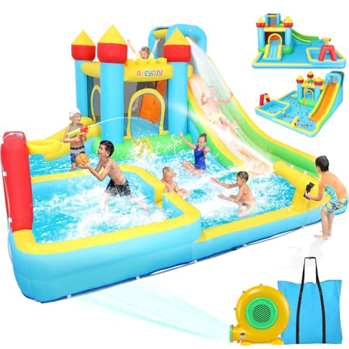 AKEYDIY Bounce House Wasserrutsche, aufblasbarer Wasserrutschenpark mit langer Rutsche, Pool, Kletterwand, Wasserpistole für draußen, aufblasbare Wasserrutschen, Hüpfhaus, Schloss für Kinder AKEYDIY Bounce House Wasserrutsche, aufblasbarer Wasserrutschenpark mit langer Rutsche, Pool, Kletterwand, Wasserpistole für draußen, aufblasbare Wasserrutschen, Hüpfhaus, Schloss für Kinder von AKEYDIY