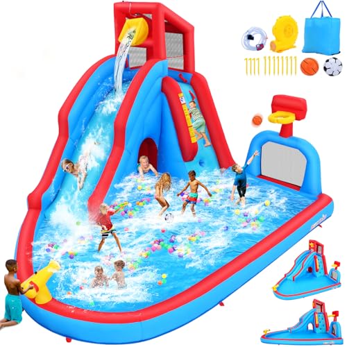 AKEYDIY Bounce House Wasserrutsche Park für Kinder 3–10 Hinterhof, Wasserrutsche mit 470 W Gebläse, Wassersprunghaus mit Pool, lange Rutsche, Pool, Kletterwand, Tunnel, Gießbecken, Reifen AKEYDIY Bounce House Wasserrutsche Park für Kinder 3–10 Hinterhof, Wasserrutsche mit 470 W Gebläse, Wassersprunghaus mit Pool, lange Rutsche, Pool, Kletterwand, Tunnel, Gießbecken, Reifen von AKEYDIY