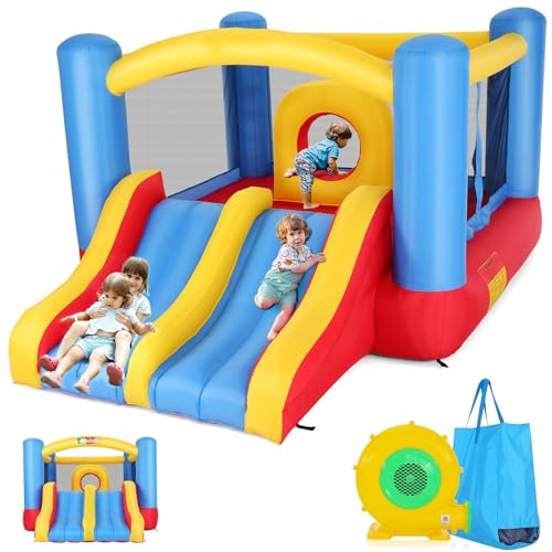 Aufblasbare Hüpfburg, Sport-Hüpfburg mit Multifunktions-Spielbereich, Spielburg für Kinder, Große Springfläche, Doppelrutsche mit Hindernis-Hüpfburg für drinnen und draußen mit Gebläse von AKEYDIY