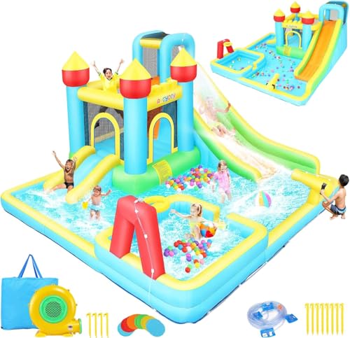 Aufblasbare Wasserrutsche Hüpfburg mit Gebläse für Kinder 3-12 Jahre, Trocken-/Wasserrutsche, Wasserpark mit 2 Rutschen, Planschbecken & Schwimmbecken, Basketballkorb, Wasserkanone von AKEYDIY