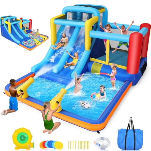 Aufblasbare Wasserrutsche Hüpfburg mit Gebläse für Kinder 3-12 Jahre, Trocken-/Wasserrutsche, Wasserpark mit Doppelrutsche, Planschbecken & Schwimmbecken, Basketballkorb, Wasserkanone von AKEYDIY