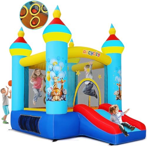 Hüpfburg, Indoor Outdoor Spielburg mit Gebläse, Tropischer DschungelTiere Party Hüpfburg mit Rutsche & Springbereich, Ballwurfspiel, Aufblasbare Hüpfburg als Geschenk für Kinder von 3-8 Jahren von AKEYDIY