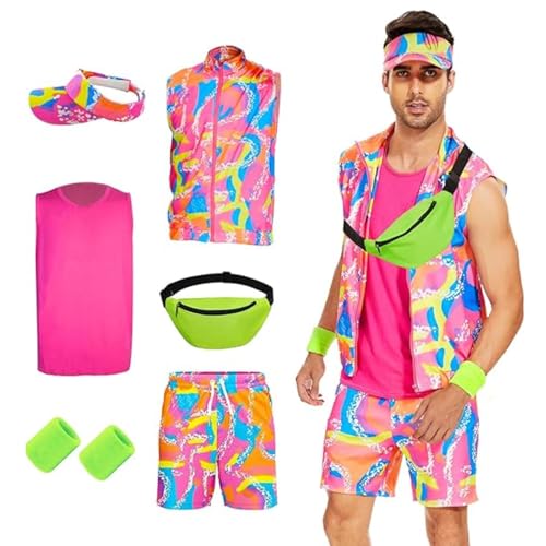 AKFJDLAD 80er 90er Jahre Herren Workout Kostüm Outfit Retro Neon Cosplay Bademode Set mit Zubehör Hut Hüfttasche Handgelenkschutz (M) von AKFJDLAD