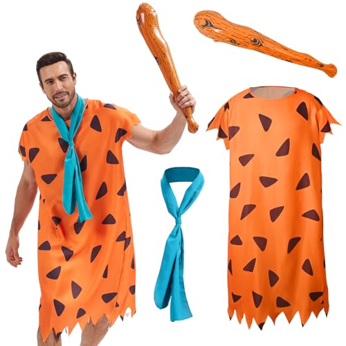AKFJDLAD Halloween Höhlenmensch Gelbes Kostüm Prähistorische Steinzeit Orange Bedruckte Tunika Erwachsen Kostüm mit Stöcke (3XL) von AKFJDLAD