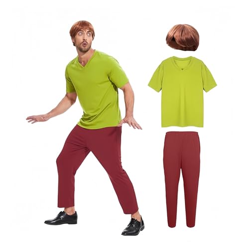 AKFJDLAD Halloween Zotteliges Kostüm Für Erwachsene und Herren – Kostüm Einer Klassischen Filmfigur Grünes Kurzarm T-Shirt und Braune Hose Outfit mit Perücke (M) von AKFJDLAD