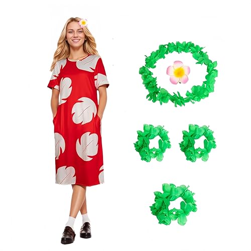AKFJDLAD Hawaiian Erwachsener Kleid mit Rotem Blattdruck Für Erwachsene Halloween Cosplay Kostüm Outfit mit Hawaiian Ischer Blumenkette und Blumen Haarspangen (XL) von AKFJDLAD