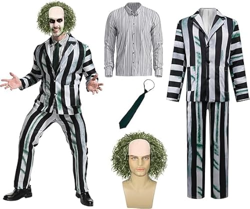 AKFJDLAD Herren Kostüm für Erwachsene Halloween Horror Cosplay Schwarz Weiß Gestreiftes Anzug Set mit Krawatte und Perücke (L) von AKFJDLAD