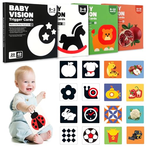 AKOFIC Kontrastkarten Baby Spielzeug 0-12 Monate, Hohe Kontrast Baby Schwarz-Rote Lernkarten, Flash Karten Lernspielzeug für Neugeborene Visuelle Stimulation, 80 Stück 160 Seiten 14 * 14 cm von AKOFIC