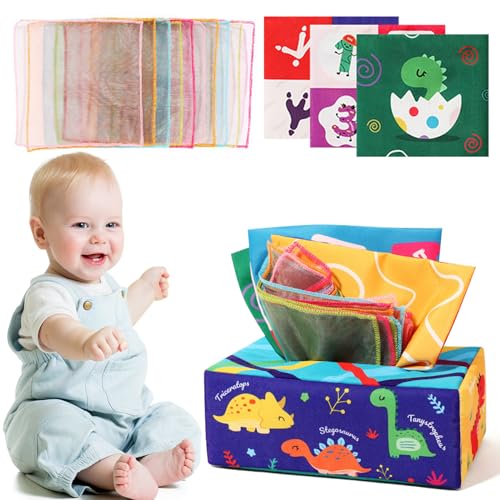 AKOFIC Tücherbox Baby Spielzeug, Montessori Sensorik Spielzeug Baby 0-12 Monate, Hohem Kontrast Dinosaurier Tissue Box, Lernspielzeug Geschenke für Neugeborene Jungen Mädchen von AKOFIC