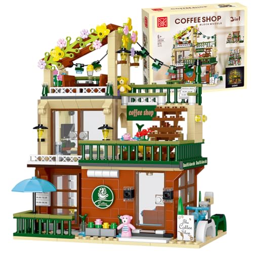 AKOGD Kaffee Haus Bausteine Bausatz mit Licht, 875 Teile City Cafe Modulares Haus Klemmbausteine Modell, Street View Häuser Architektur Bauset Konstruktionsspielzeug Set für Kinder Erwachsene von AKOGD