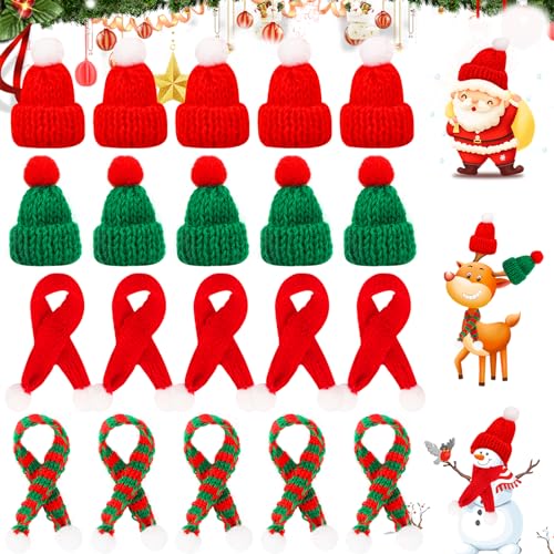 AKONE 20 Stück Mini Weihnachtsmütze und Schal Set, Weihnachtsschal Nikolausmütze, Rote und Grüne Weihnachtsmützen und Schal Kombination, Geeignet für Weihnachten von AKONE