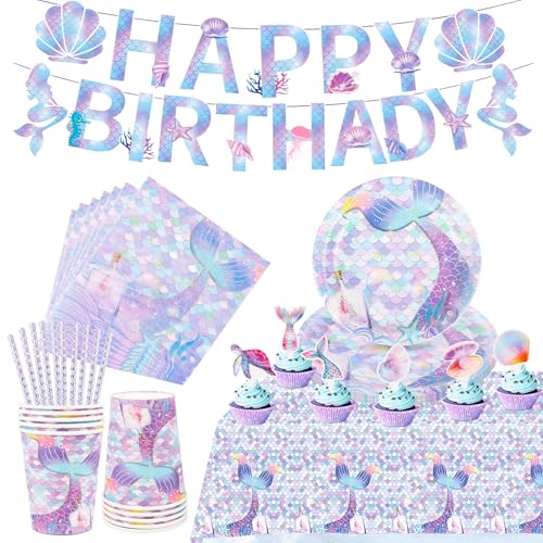 AKONE Meerjungfrau Partygeschirr Set 62 Stück, Meerjungfrau Geburtstag Deko für Kinder, Kindergeburtstag Partygeschirr Pappteller, Tassen, Servietten, Tischdecken und GeburtstagBanner AKONE Meerjungfrau Partygeschirr Set 62 Stück, Meerjungfrau Geburtstag Deko für Kinder, Kindergeburtstag Partygeschirr Pappteller, Tassen, Servietten, Tischdecken und GeburtstagBanner von AKONE