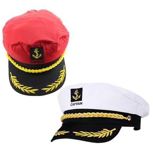 AKOOSY 2 Stück Captain Hüte für Cosplay Party Bestickte Leichte Segler Mütze in Rot Weiß Komfortable Yacht Kapitänsmütze für Karneval Kostüm Zubehör von AKOOSY