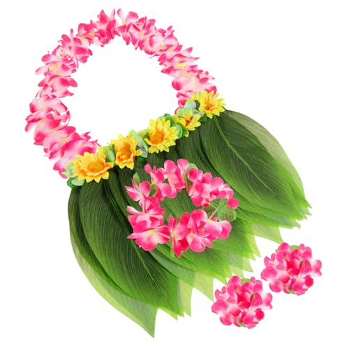 AKOOSY 5 Stück Teiliges Hawaiianisches Hula Kostüm Set mit Grünem Blätterrock Elastischem Hula Rock Armbändern Halskette und Stirnband Stretchbarer Luau Rock für Erwachsene Beach von AKOOSY