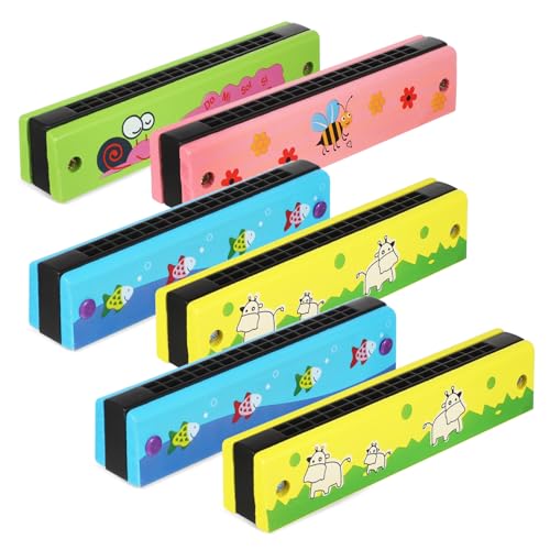 AKOOSY 6 Stück Teiliges Zweireihiger Holzmundharmonikas Tragbares Musikinstrument für Bunte Cartoon Designs Geeignet für Anfänger Partygeschenk von AKOOSY
