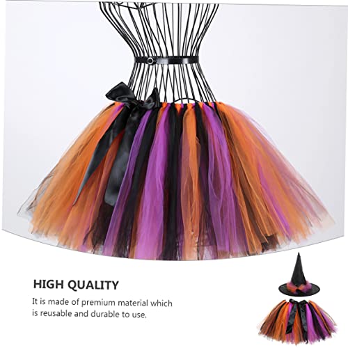 AKOOSY Halloween Hexen Kostüm für Mädchen Buntes Tutu mit Schwarzem Band Leichter Hexenhut Festliches Party Outfit für Karneval und Halloween Feiern von AKOOSY