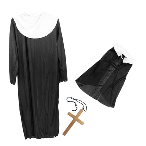 AKOOSY Halloween Kostüm Nonne Damen Teiliges mit Robe und Großem Goldfarbenem Kreuz Bequemes Halloween Kostüm für Frauen Klassisches Cosplay Outfit für Gruselige Verkleidungen von AKOOSY