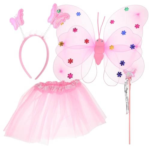 AKOOSY Teiliges Feenkostüm für Mädchen Rosa Mesh Tutu Rock Schmetterlingsflügel Zauberstab und Stirnband Hautfreundlich Geeignet für Karneval Fasching Partys und Bühnenauftritte von AKOOSY