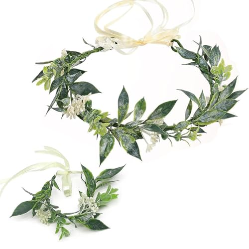 AKSXU Blumenkranz Kopfschmuck,1Stk Blumenkrone Haarreif und Handgirlande für Waldfee Accessoires, Lorbeerkranz Haarreif Haarschmuck für Karneval Kostümparty,Fasching, Kommunion Mädchen,Boho Hochzeit von AKSXU