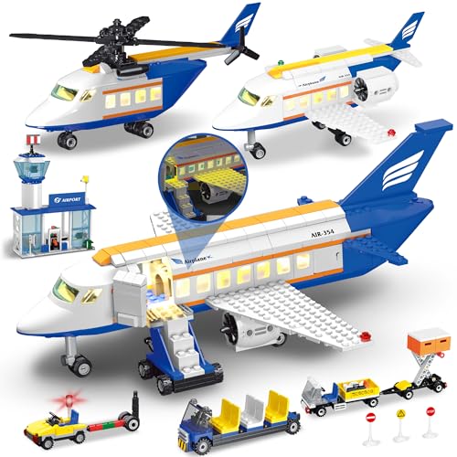 AKWME City Flugzeug Bauspielzeug mit LED Licht, 3 IN 1 Passagier Flugzeug Spielzeug mit Flughafenterminal, Gepäckanhänger, Flugzeug, STEM Spielzeug Geburtstags Geschenke für 6-12 Jahre Jungen Kinder von AKWME