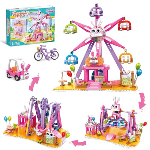 AKWME Friends Mädchen 3-in-1 Freizeitpark Bausteinset Spielzeug, STEM Riesenrad Kreativ Bausteinset, Geschenk Geburtstags Mädchen ab 6 8 10 12 Jahren (823 PCS) von AKWME