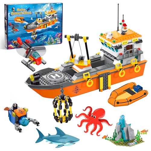 AKWME City Schwimmfähiges Schiff Bauspielzeug, Ozean Explore Schiffs Boot Forschungsschiff Spielzeug mit LED Licht, Hubschrauber, U-Boot, Haikäfig, Geburtstags Geschenke für 6-12 Jahre Jungen, Kinder von AKWME