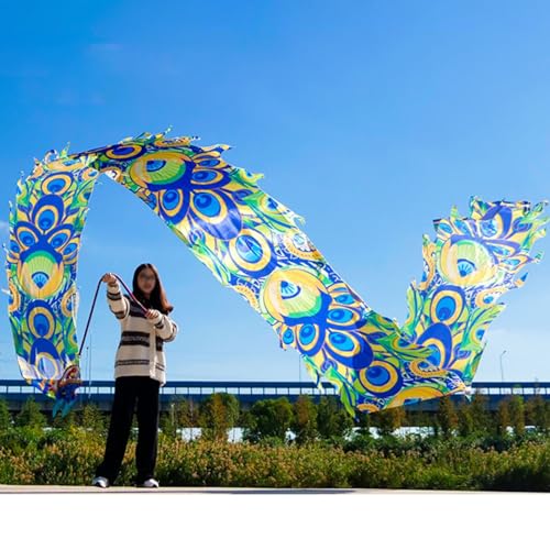 ALANIZ Drachen-Poi, 3D-Tanzdrachenband, Pfauenmuster, seidenähnlicher Drachen-Streamer-Poi for Jongliergymnastik, Senioren-Fitness, Bunte Drachen-Schleuderbänder(Dark Blue,8 m (26 ft)) von ALANIZ