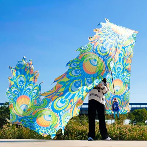 ALANIZ Drachen-Poi, 3D-Tanzdrachenband, Pfauenmuster, seidenähnlicher Drachen-Streamer-Poi for Jongliergymnastik, Senioren-Fitness, Bunte Drachen-Schleuderbänder(Light Blue,8 m (26 ft)) von ALANIZ