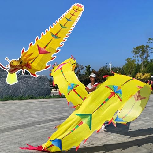 ALANIZ Drachen-Poi, waschbar, seidenartig, Drachentanz, Drachen-Drehbänder for körperliches Training mit Drachenkopf, Drachen-Dreh- und Schüttel-Poi for Übungen(Yellow,10 m (33 ft)) von ALANIZ