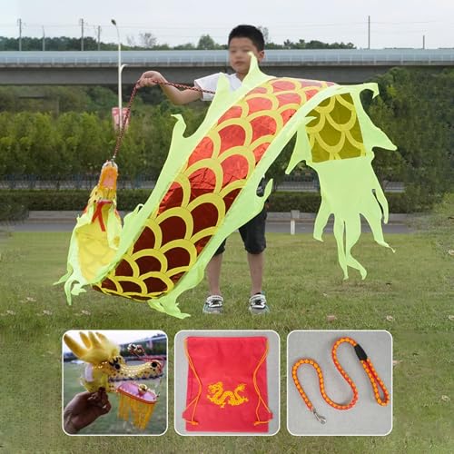 ALANIZ Dragon Poi Dance Dragon Ribbon Streamer 2 m/3 m/5 m, seidenartiges Drachenschleuderband mit Drachenkopf aus Kunststoff, Outdoor-Sport-Drachendesign-Kunsttanzflagge(Yellow,5 m (16.4 ft)) von ALANIZ