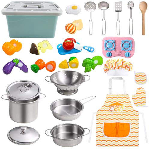ALEENFOON Kinderküche Zubehör, Spielküche Zubehör für Kinder mit Kochfeld, Kochgeschirr Edelstahl Pfannenset, Schürze & Kochmütze, Matschküche Zubehör für Kinder, Geschenk für Jungen und Mädchen ALEENFOON Kinderküche Zubehör, Spielküche Zubehör für Kinder mit Kochfeld, Kochgeschirr Edelstahl Pfannenset, Schürze & Kochmütze, Matschküche Zubehör für Kinder, Geschenk für Jungen und Mädchen von ALEENFOON