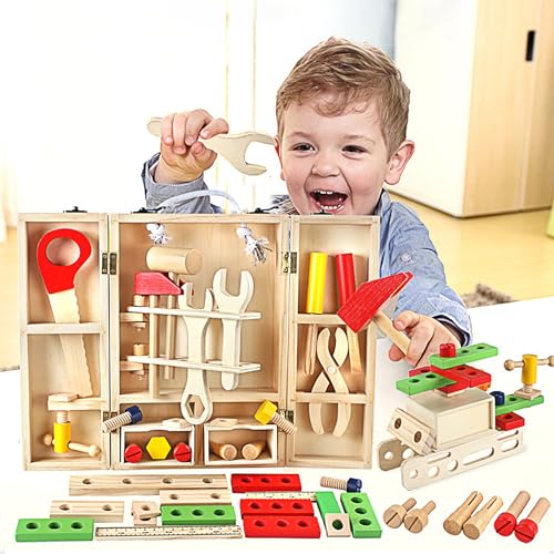 ALEENFOON Werkzeugkoffer Kinder Holz, 42 Stück Holzspielzeug Werkzeugkasten Spielzeug, Kinderwerkzeug Lernspielzeug mit Holzwerkzeug und Werkzeugkasten, Geschenk für Junge Mädchen von ALEENFOON
