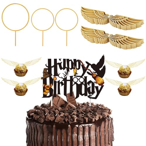 54 Stück Glitter Magier Happy Birthday Tortendeko,Wizard Cupcake Topper Deko,Golden Snitch Wings Schokolade Cake Topper Geburtstag,Kindergeburtstag Party Deko Kuchen Deko,Magic Theme Party Supplies von ALEGRE