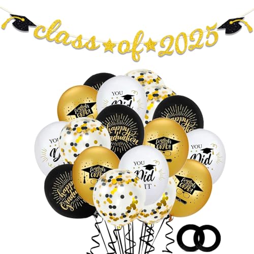 ALEGRE Graduation Deko Schwarz Gold,Abschluss Deko Set mit Abschlussfeier Luftballons und Class of 2025 Girlande Banner,Abitur Bachelor Deko für Graduation Geschenk und Congrats Prüfung Bestanden Deko von ALEGRE