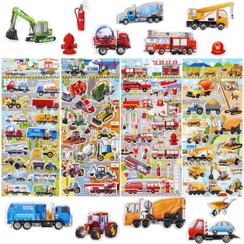 ALEGRE® 3D Sticker für Kinder, 4 Blätter Puffy Aufkleber, Traktor, Feuerwehr, Bagger, Auto Set für Belohnungssticker Party Kindergeburtstag Gastgeschenke Mitgebsel von ALEGRE
